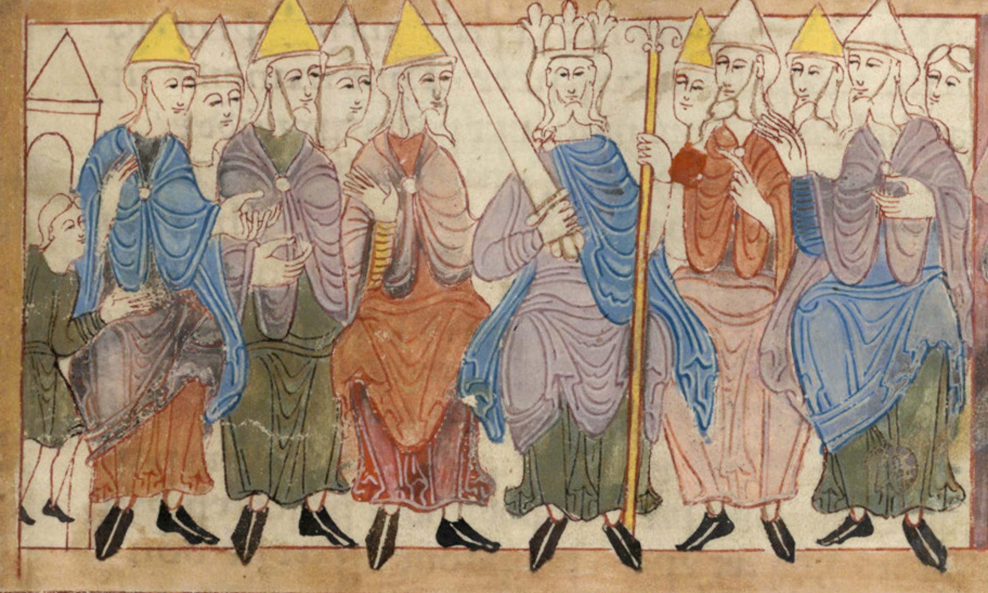 Anglo-Saxon king with his witan. Biblical scene in the illustrated Old English Hexateuch (11th century), portraying pharaoh in court session, after passing judgment on his chief baker and chief cupbearer.